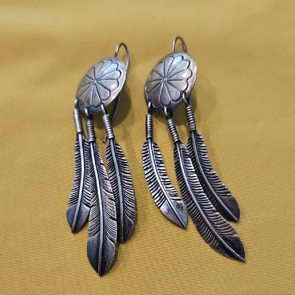 Vintage Navajo Sterling Silver Concho and Feather Earrings